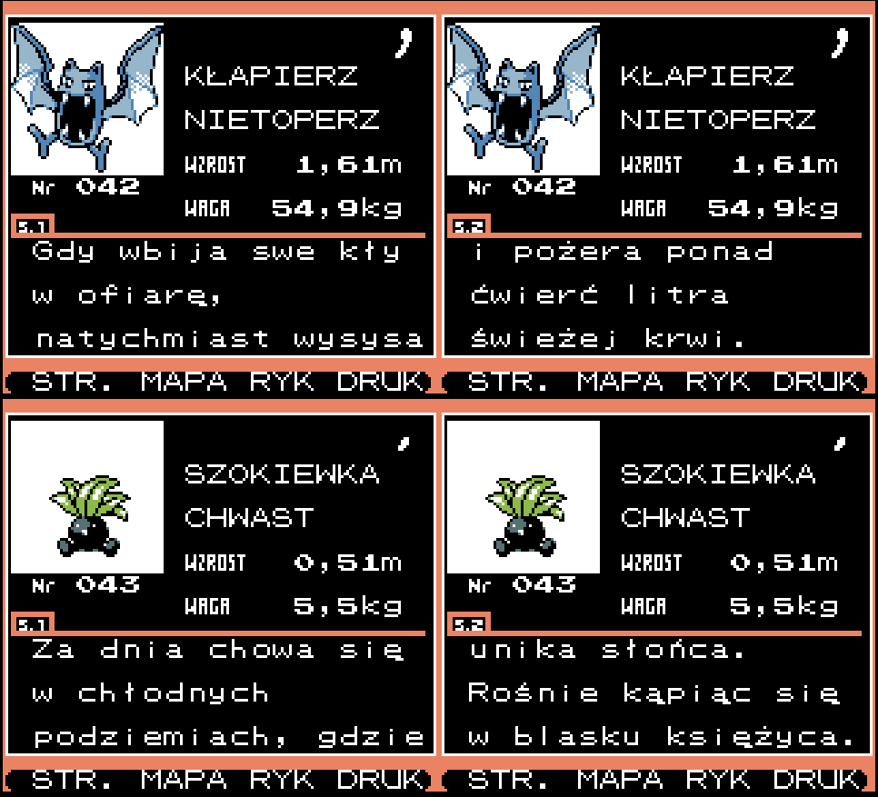Część Pokedexa Pokemon Crystal z żartobliwej, ultrapolskiej wersji tłumaczenia