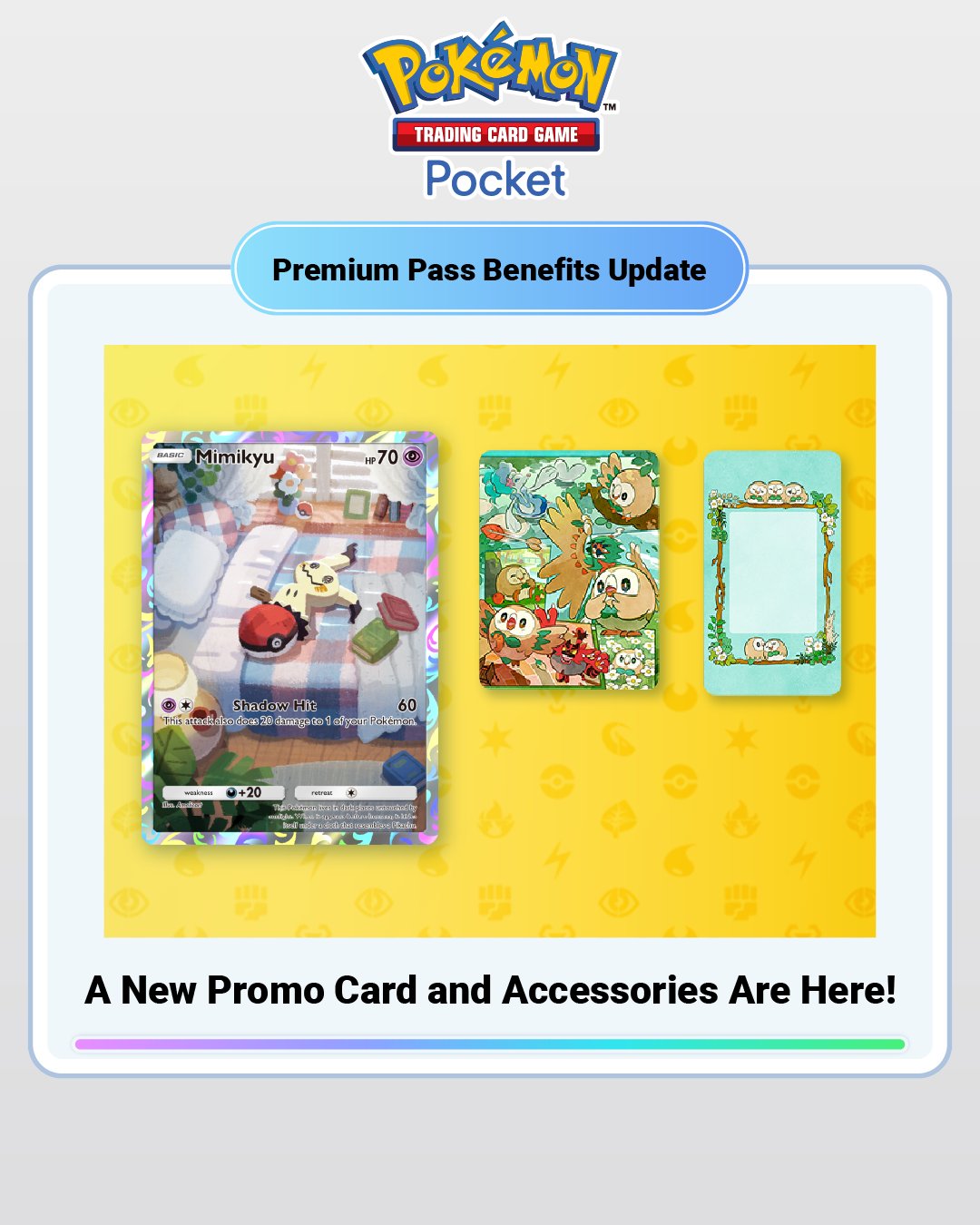 Karta promo Mimikyu i akcesoria z Rowletem w PTCG Pocket premium