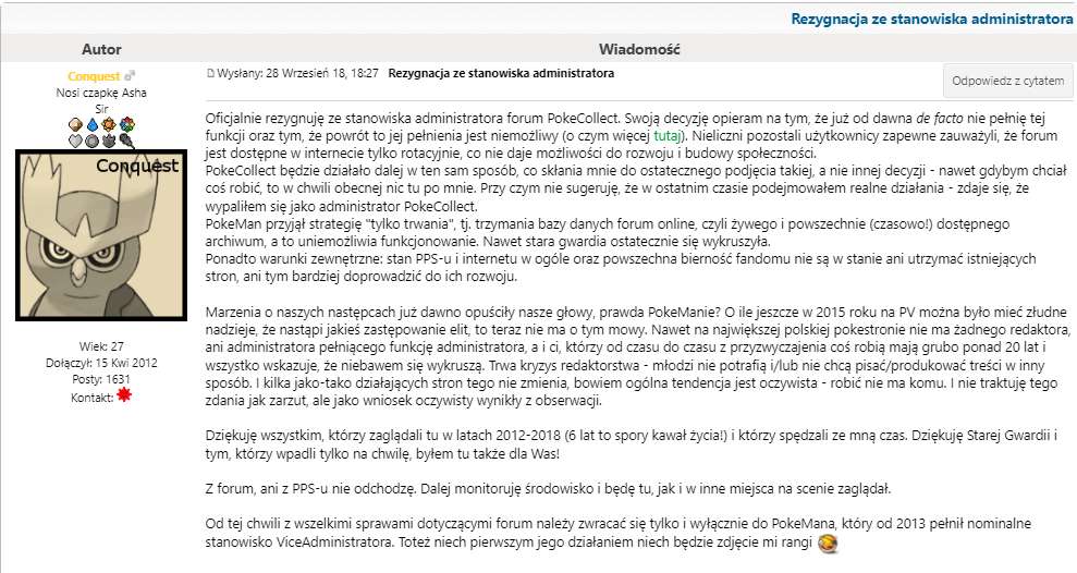 Moja rezygnacja ze stanowiska administratora PokeCollect