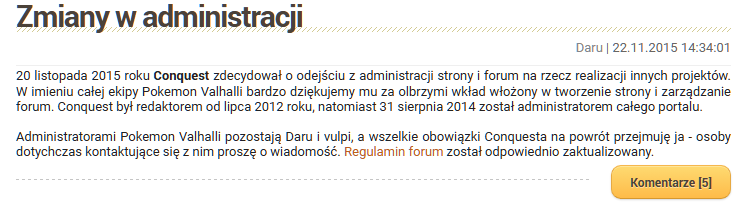 Ogłoszenie o moim odejściu z Pokemon Valhalli i Pokemon Valhalla Forum