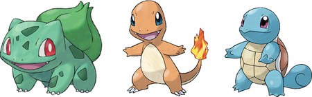 Pokemony startery z Kanto: Bulbasaur, Charmander i Squirtle
