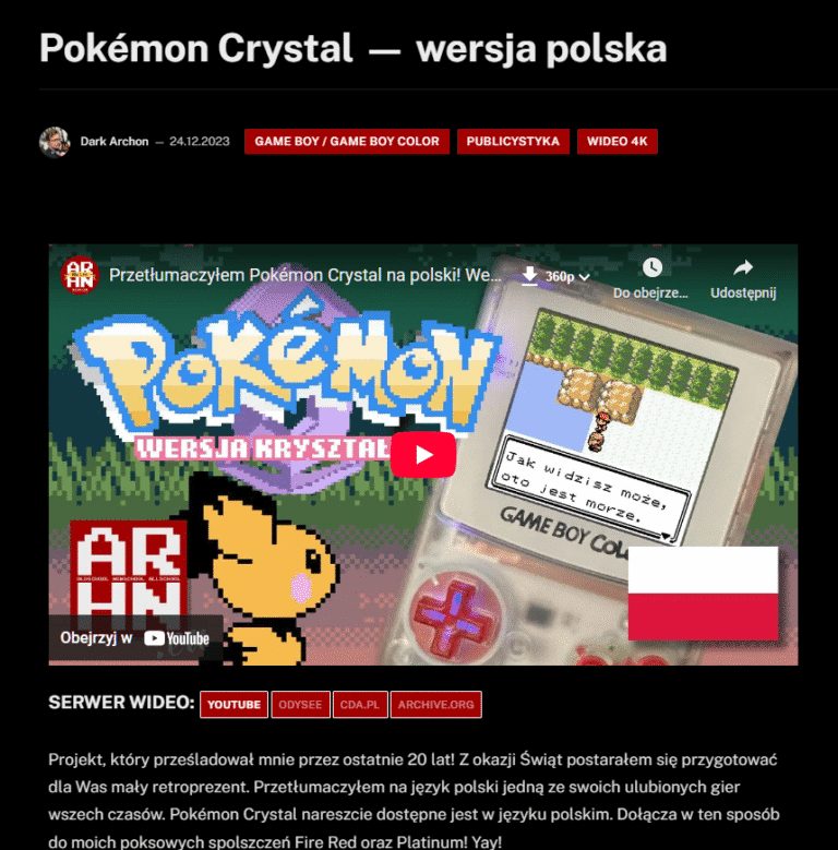 Więcej o tłumaczeniu Pokemon Crystal na polski na AR.HN