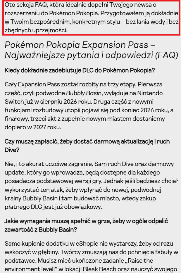 Wpadka z generowaniem treści sztuczną inteligencją w newsie o DLC do Pokopii na WAW-ce